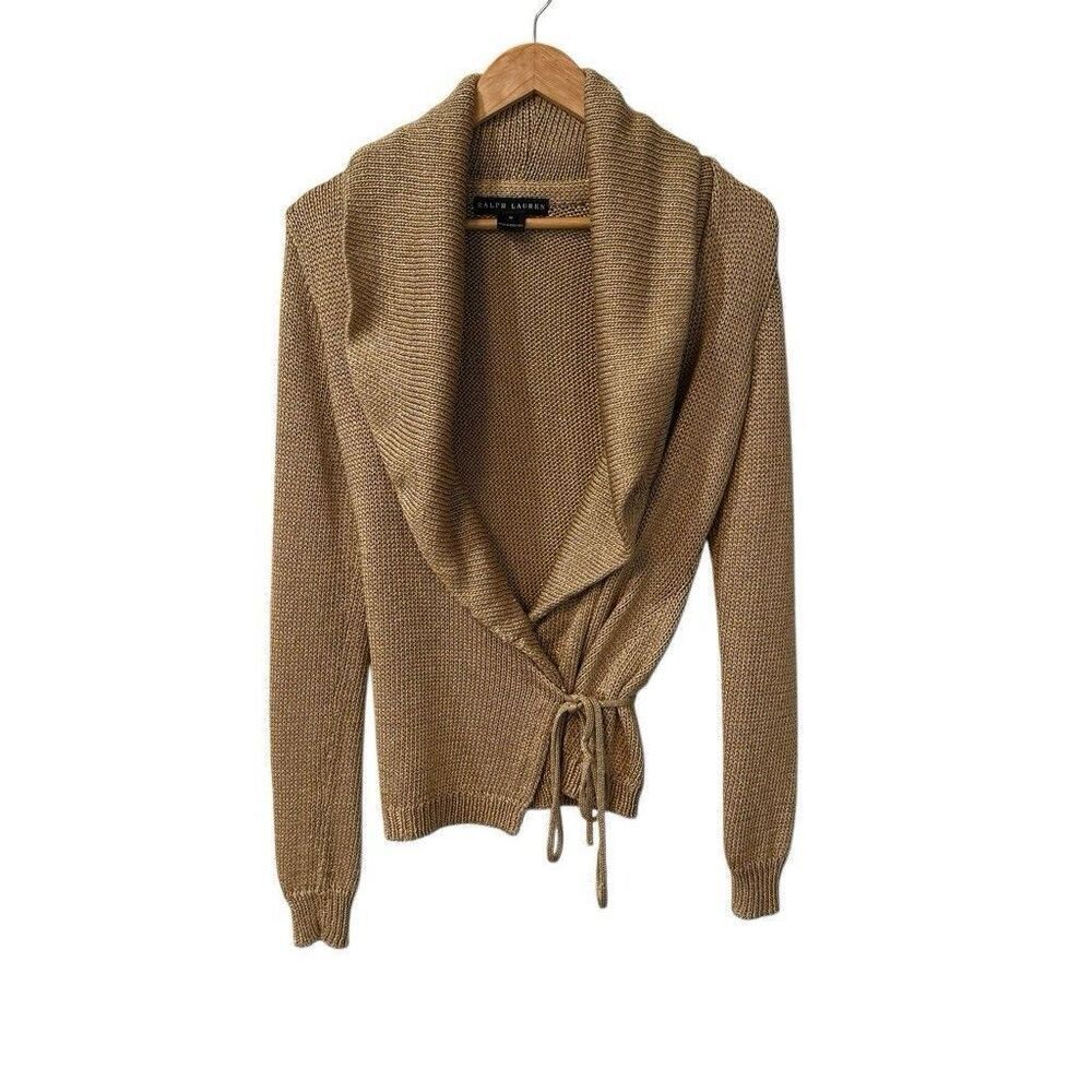 Ralph Lauren Black Label Metallic Gold Wrap Cardigan Sweater Size Medium Double